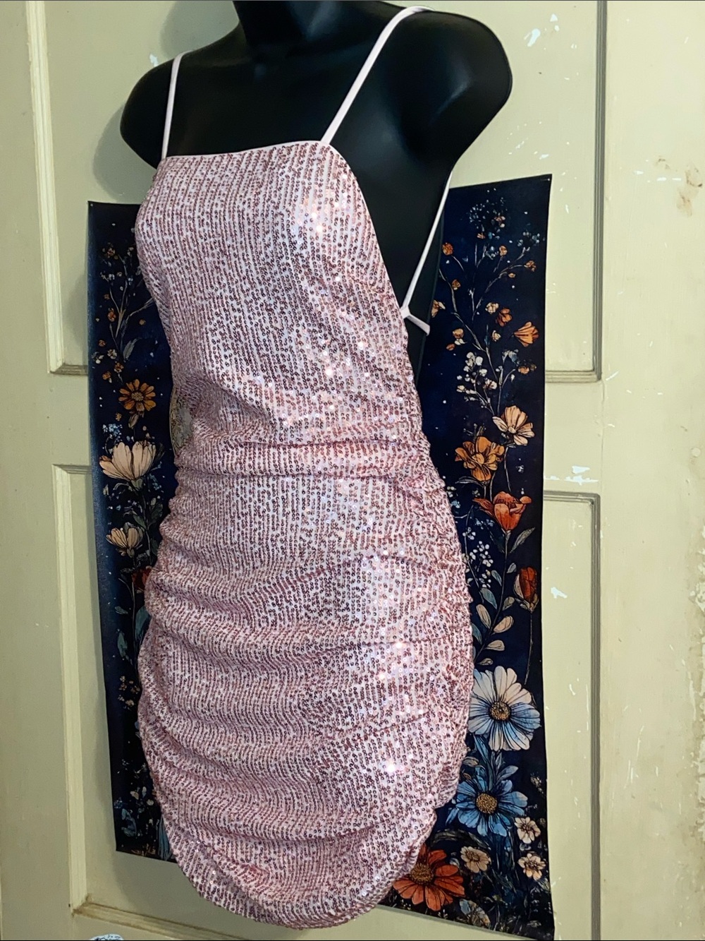 PINK SEQUIN BODYCON MINI DRESS Strappy Ruched FASHION NOVA